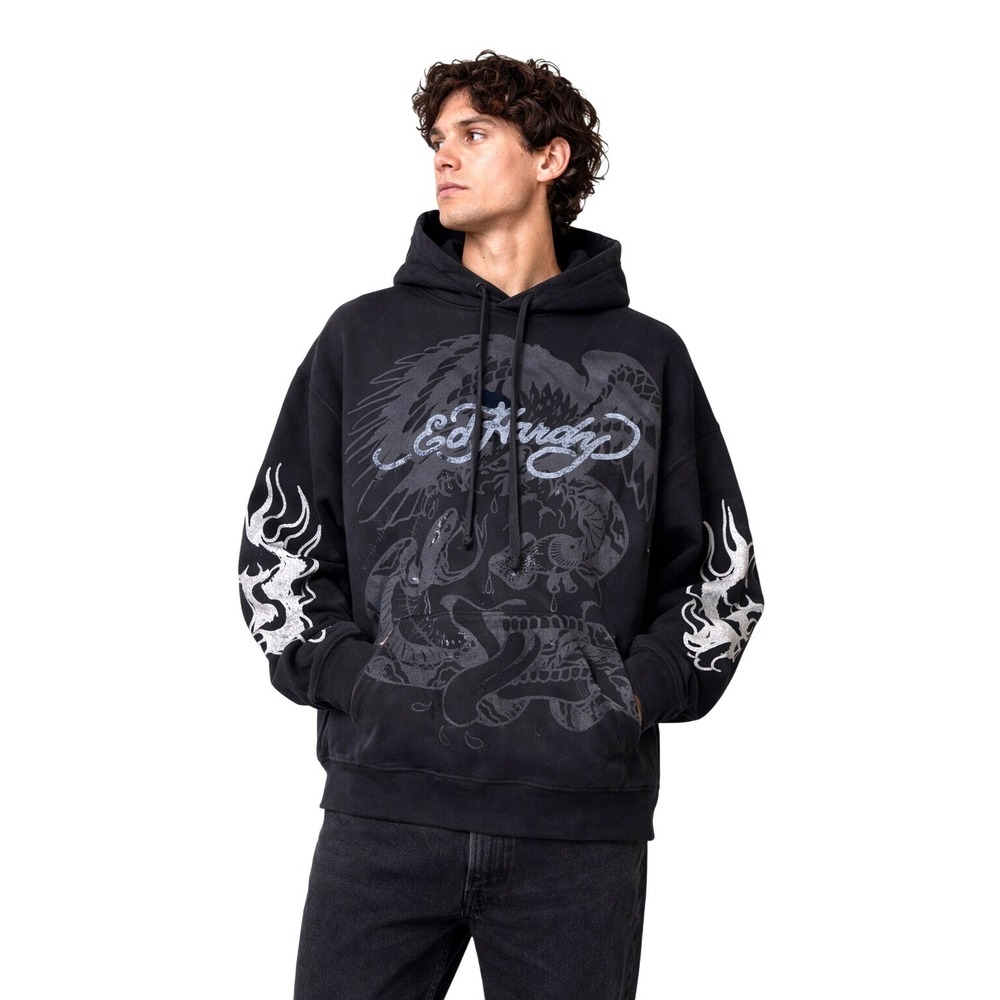 Ed Hardy Hoodie Mens M Black Graphic Eagle Snake Flame